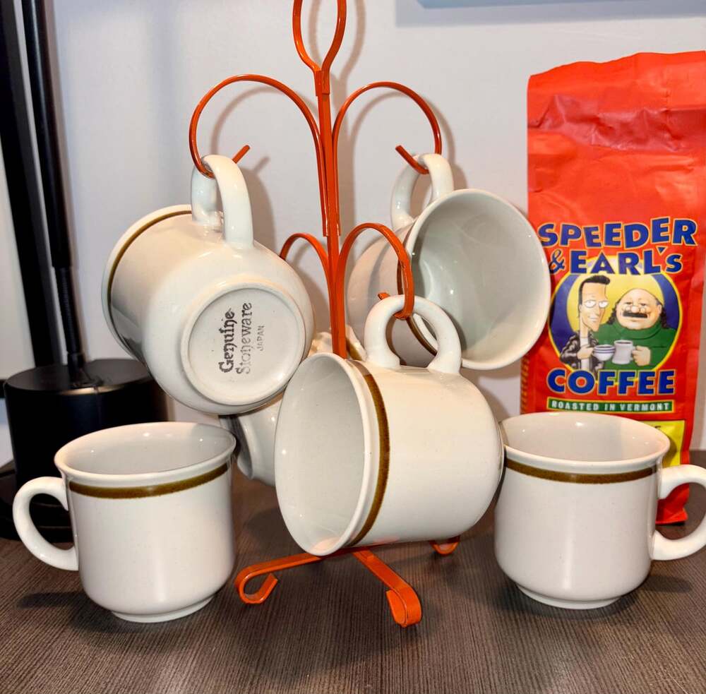 Set of 6 Vintage Genuine Stoneware Mugs, Made in Japan, Brown Stripe Design